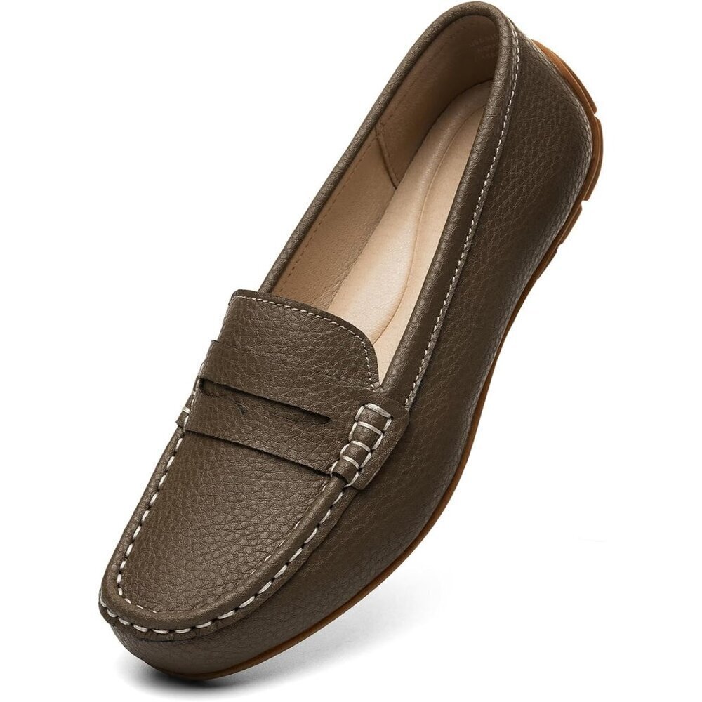 Kordal Women's Khaki Leather Comfortable & Lightweight Penny Loafers Flats